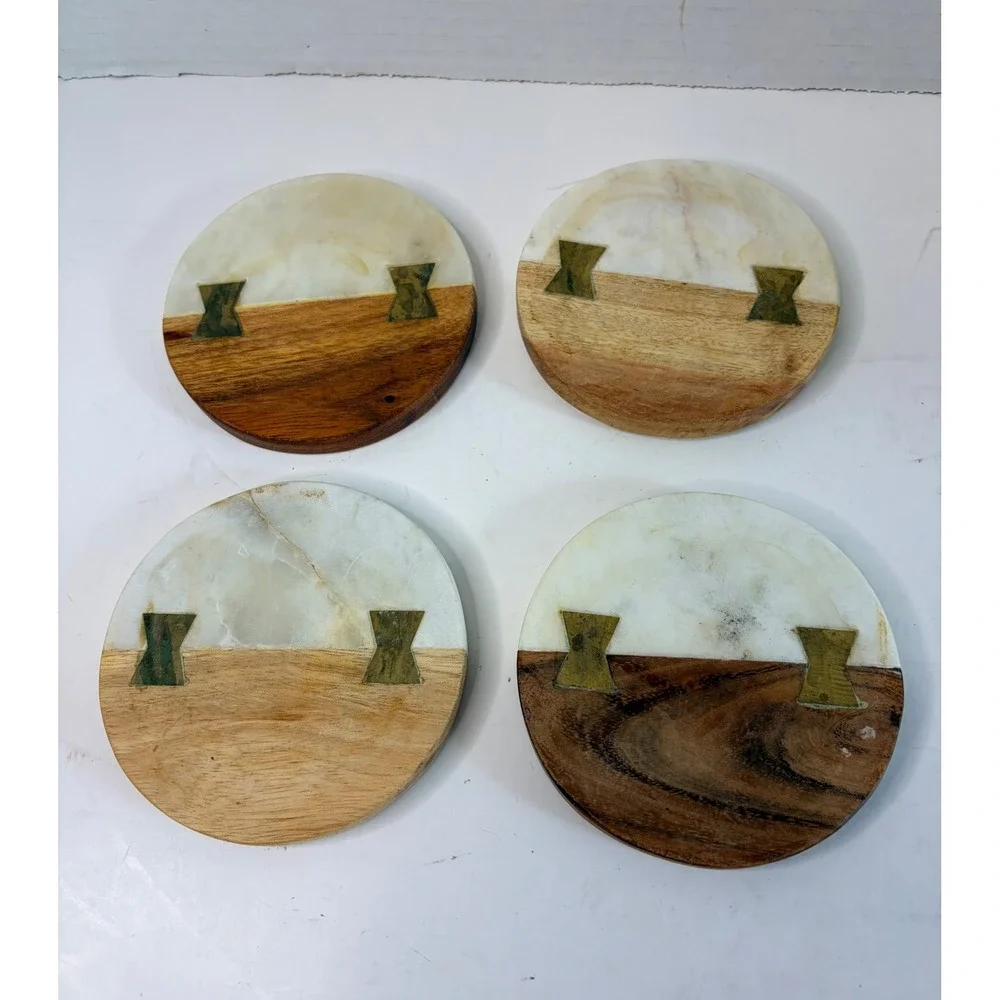 Crate and Barrel Marble Wood Round Coasters Brass Butterfly Inlay Two-Tone